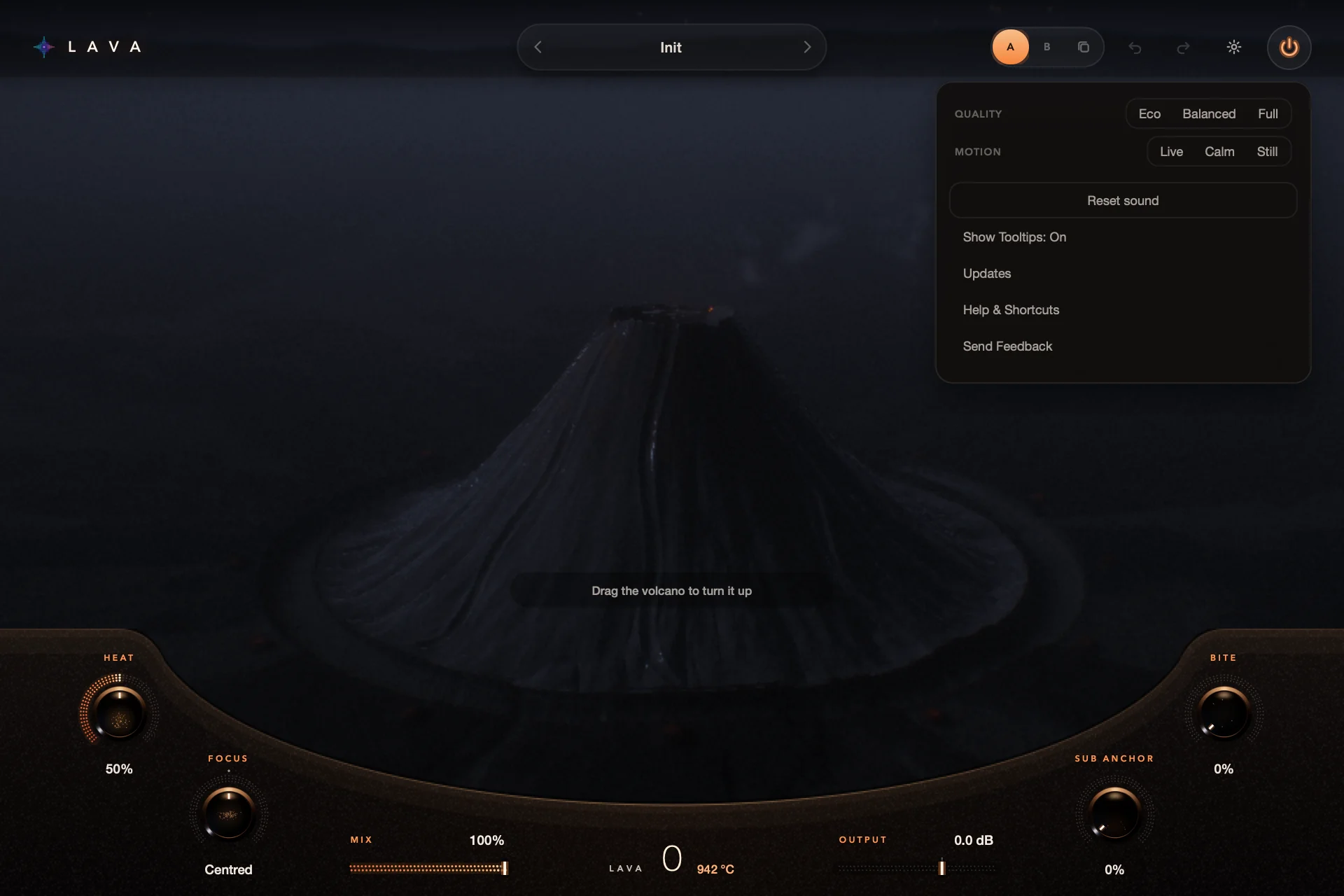 S9 Lava’s Settings menu: Quality, Motion, Reset sound, Show Tooltips, Updates, Help & Shortcuts and Send Feedback