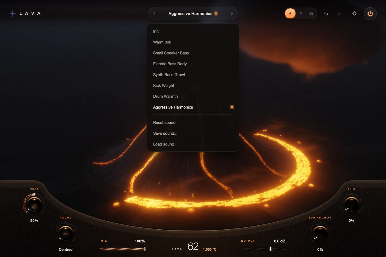 S9 Lava's sound menu with Init, the seven factory sounds, Reset, Save and Load