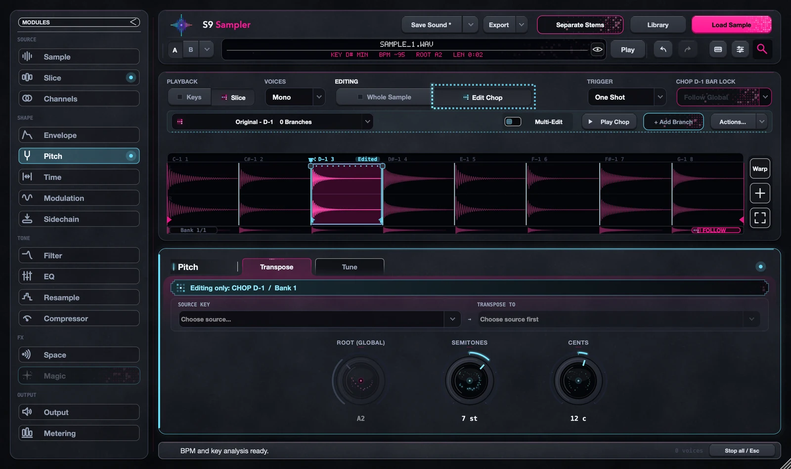 Chop 3 selected in sample_1.wav with Edit Chop active and its own Pitch controls