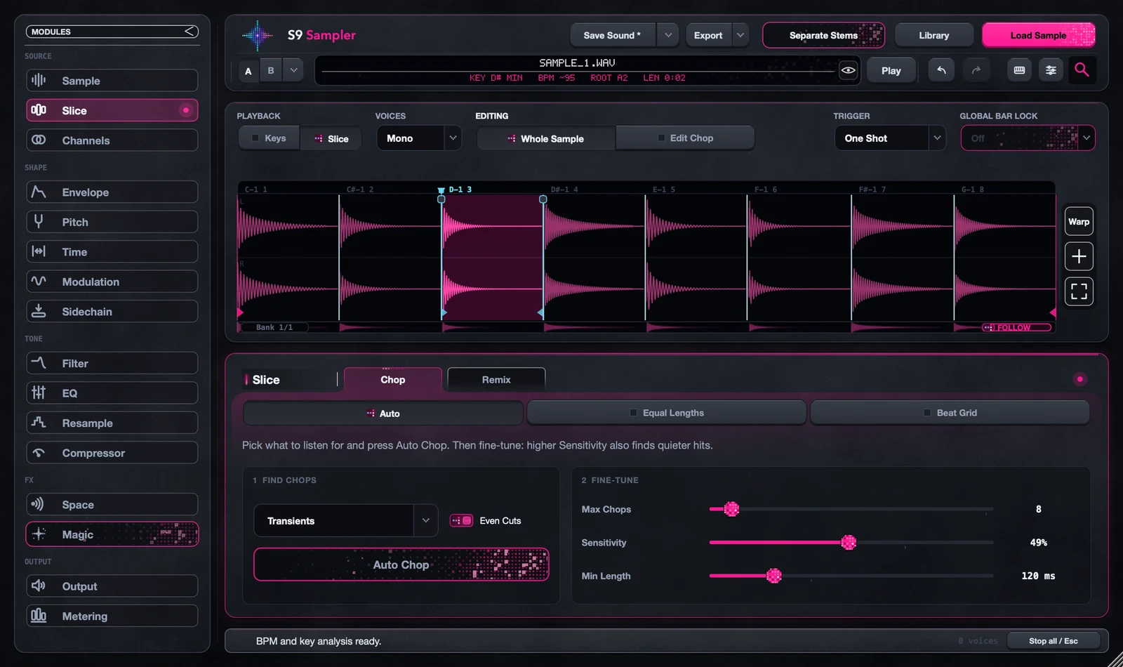 Auto Chop with eight chops in sample_1.wav and controls for sensitivity and minimum chop length