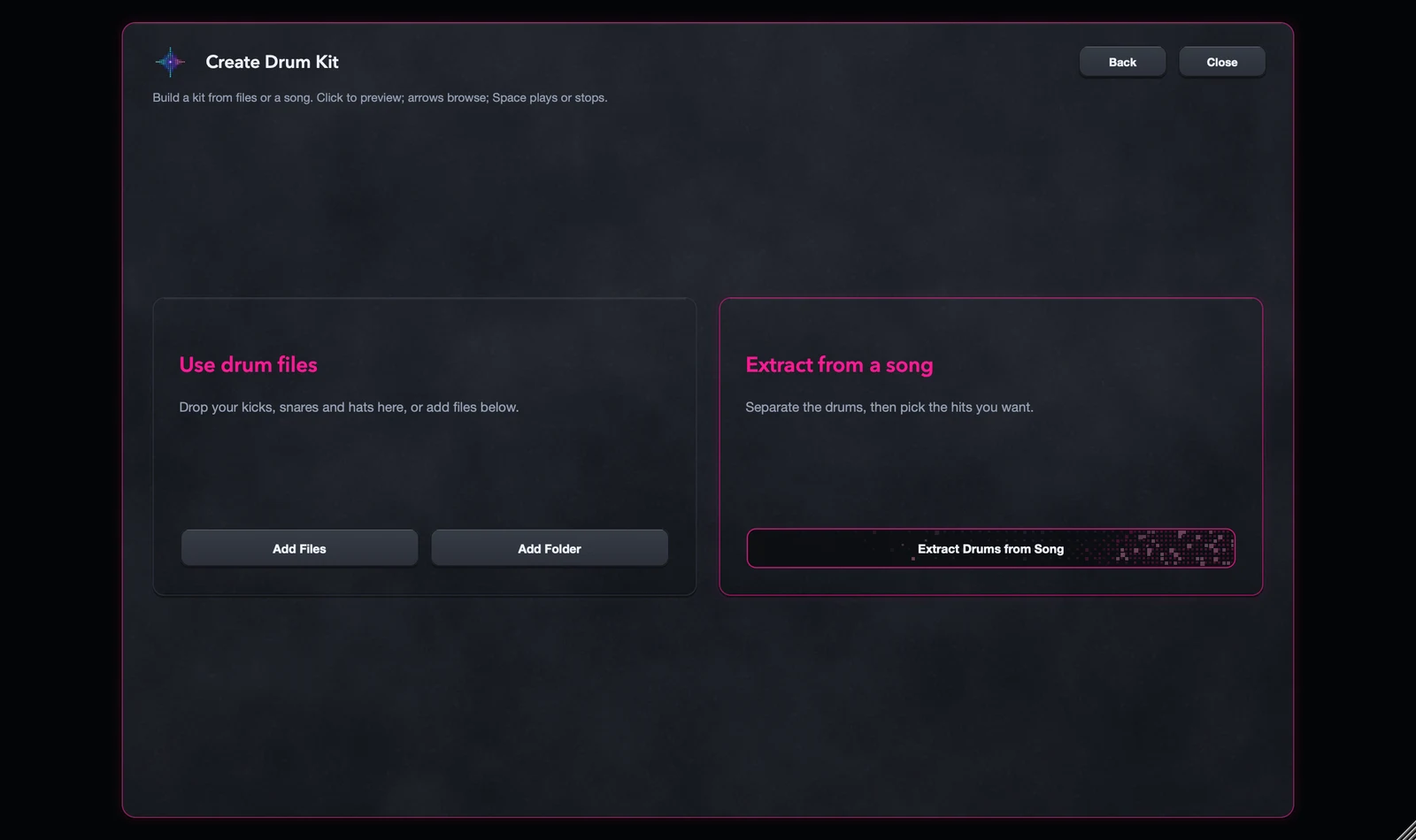 Create Drum Kit with options to add drum files or extract drums from a song