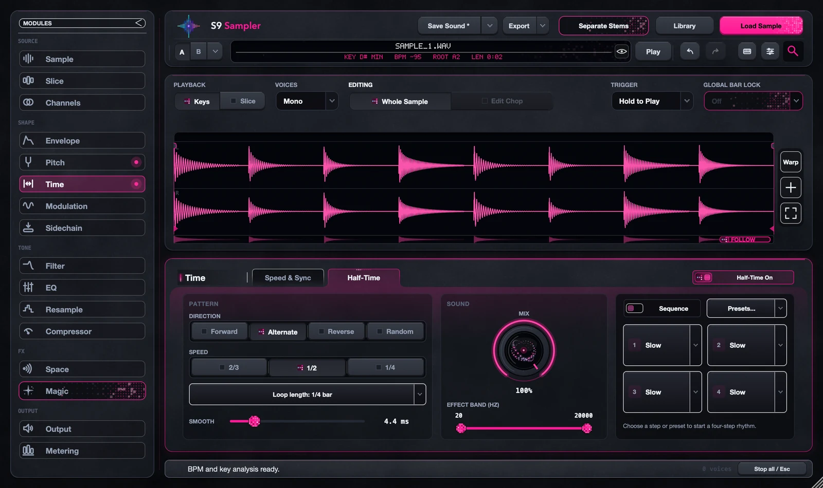 Half-Time speed, Mix, sequence and effect-band controls