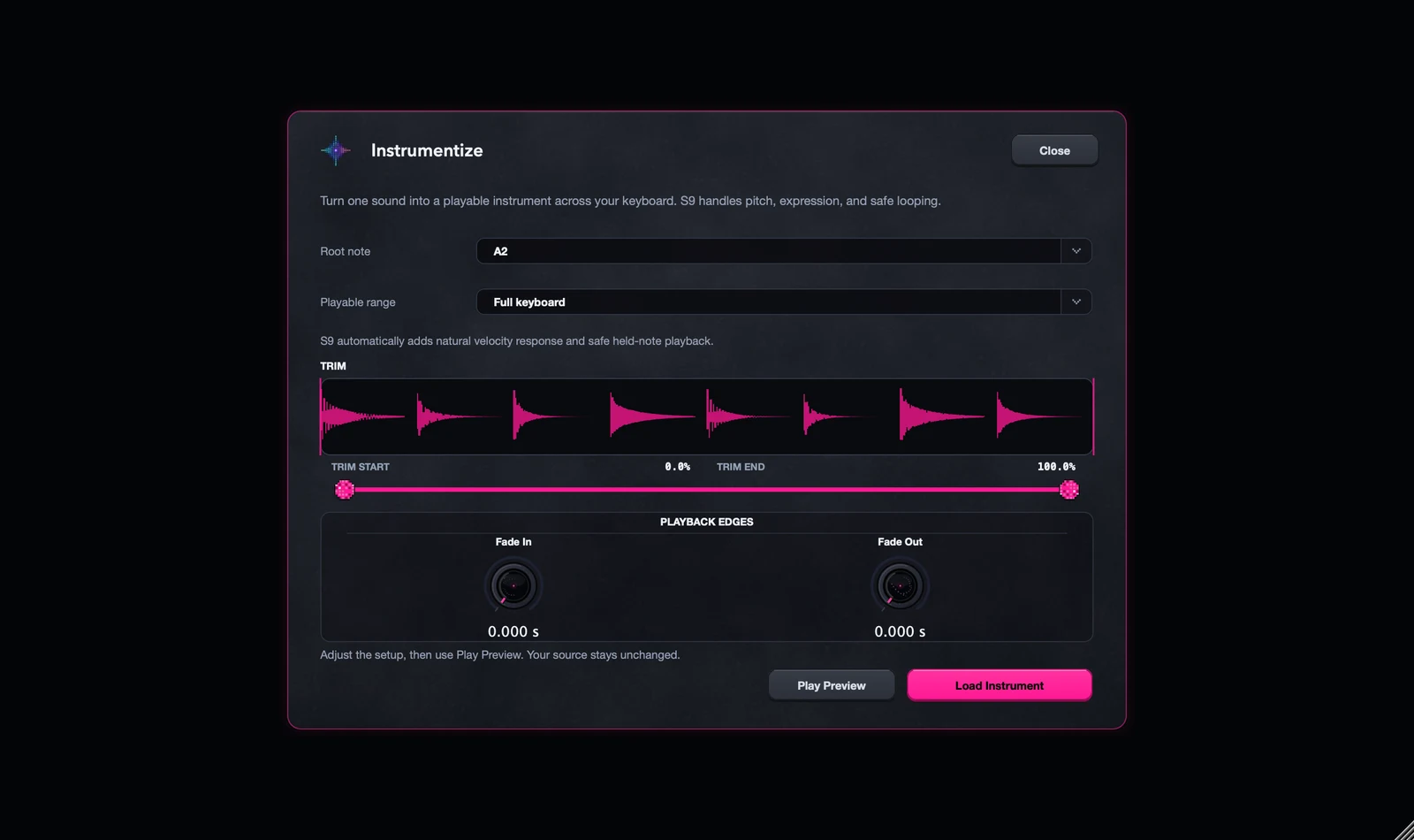Instrumentize with waveform, root note, playable range, fades and Load Instrument