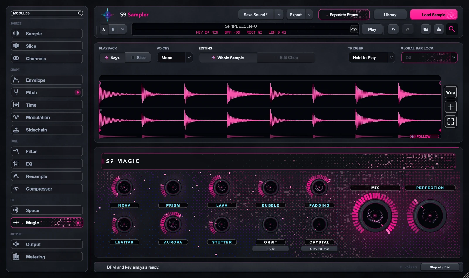 S9 Sampler with sample_1.wav loaded and the ten Magic effects visible