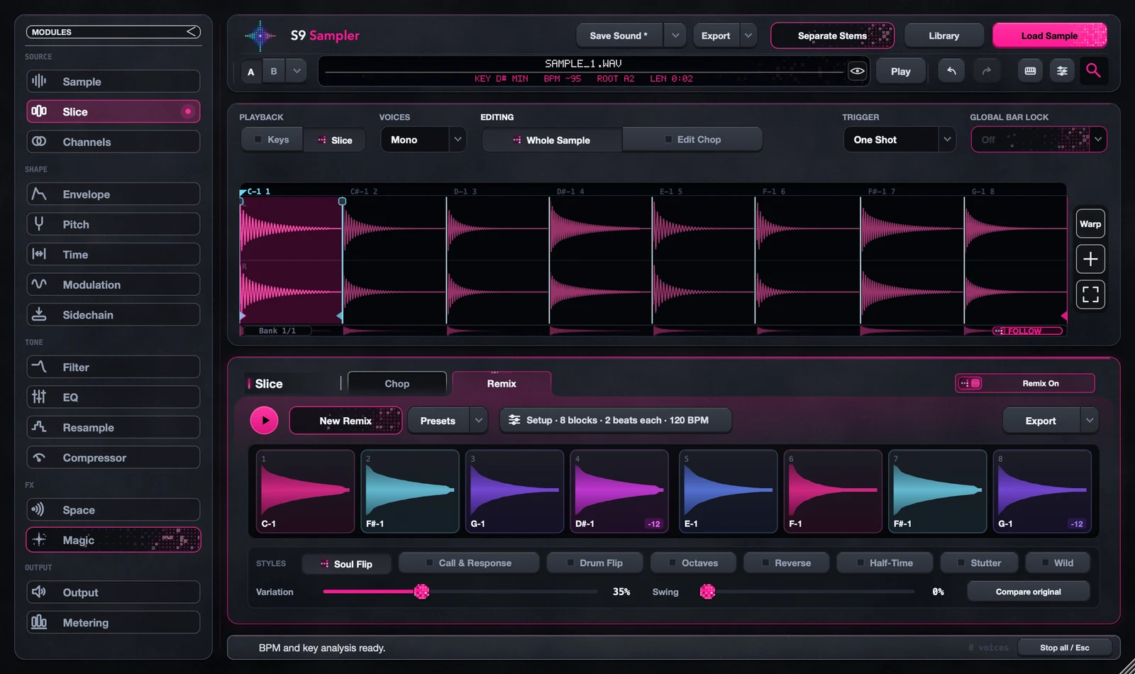 Remix pattern editor with selectable styles including Call & Response