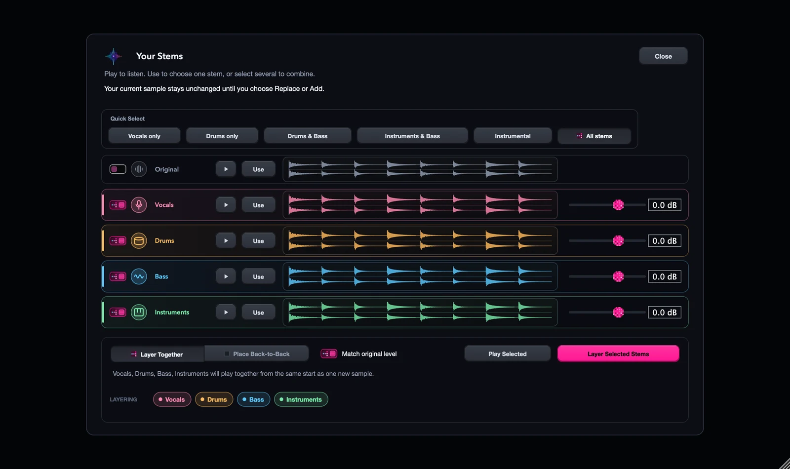 Separate Stems with quick selections, stem audition and level controls