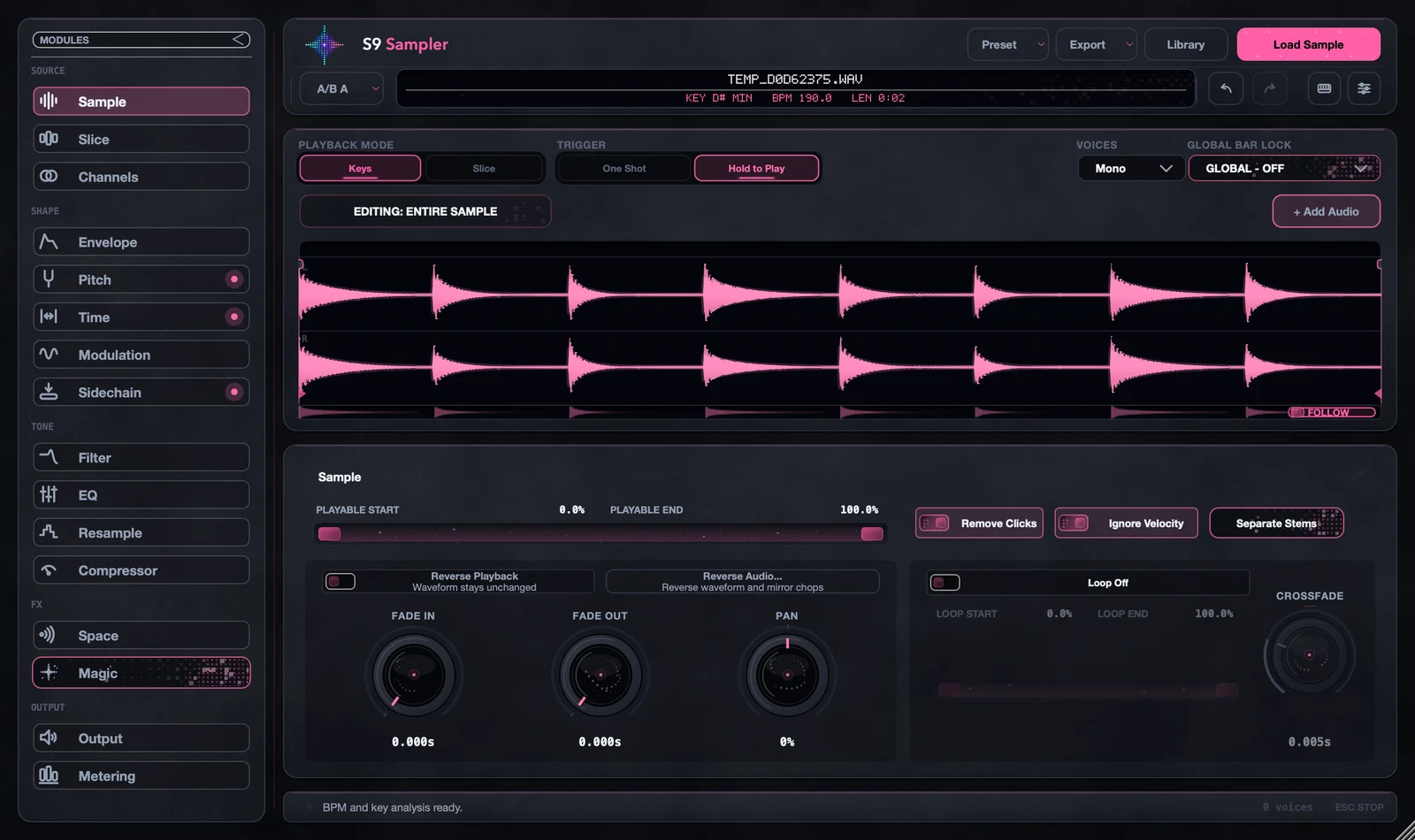 S9 Sampler interface with sample waveform and editing controls